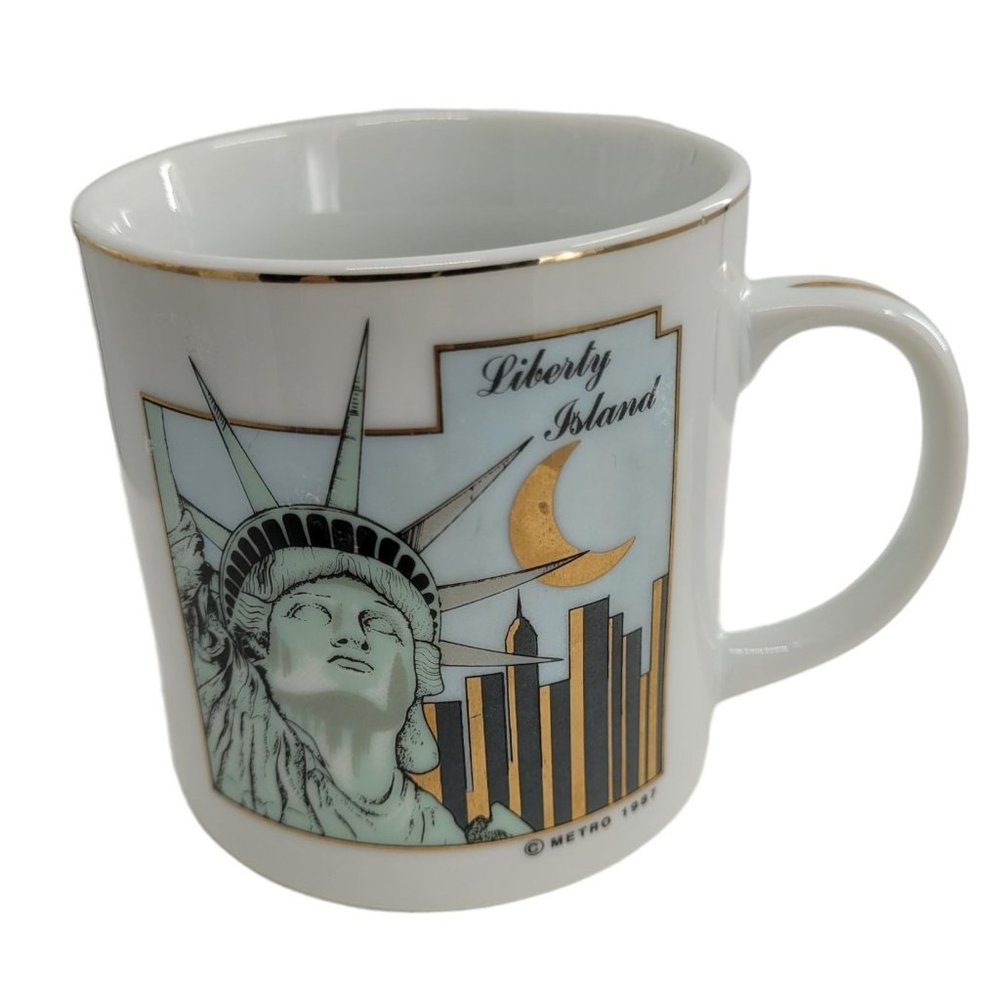 Statue of Liberty Island, New York City, NY, Metro 1987 Mug, Gold Trim, Nice
